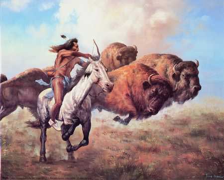 native american hunts buffalo with bow